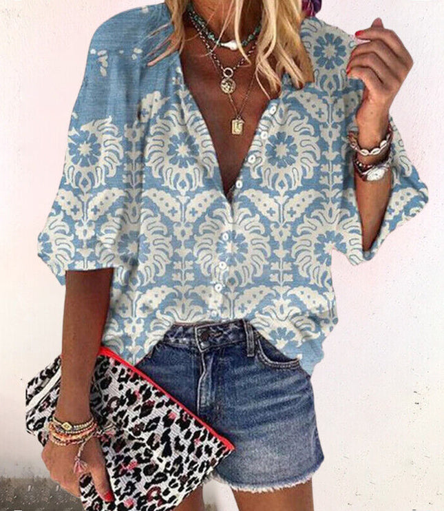 Women's Long Sleeve Blouse with Buttons in Floral Print