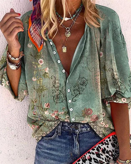 Women's Long Sleeve Blouse with Buttons in Floral Print
