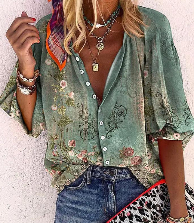 Women's Long Sleeve Blouse with Buttons in Floral Print
