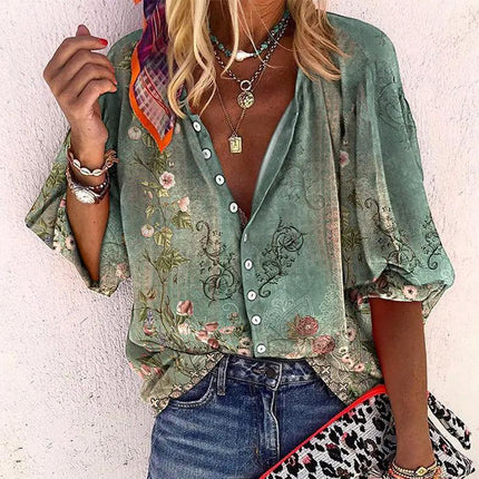 Women's Long Sleeve Blouse with Buttons in Floral Print