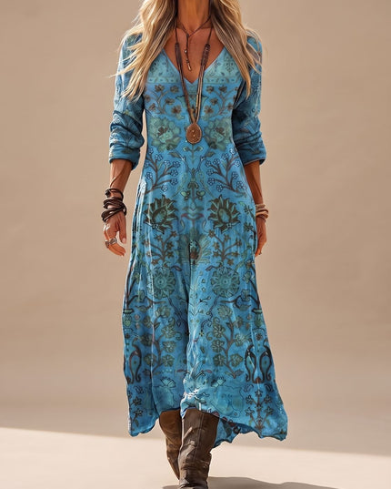 Women's Long Sleeve Boho Maxi Dress in Faded Blue Floral