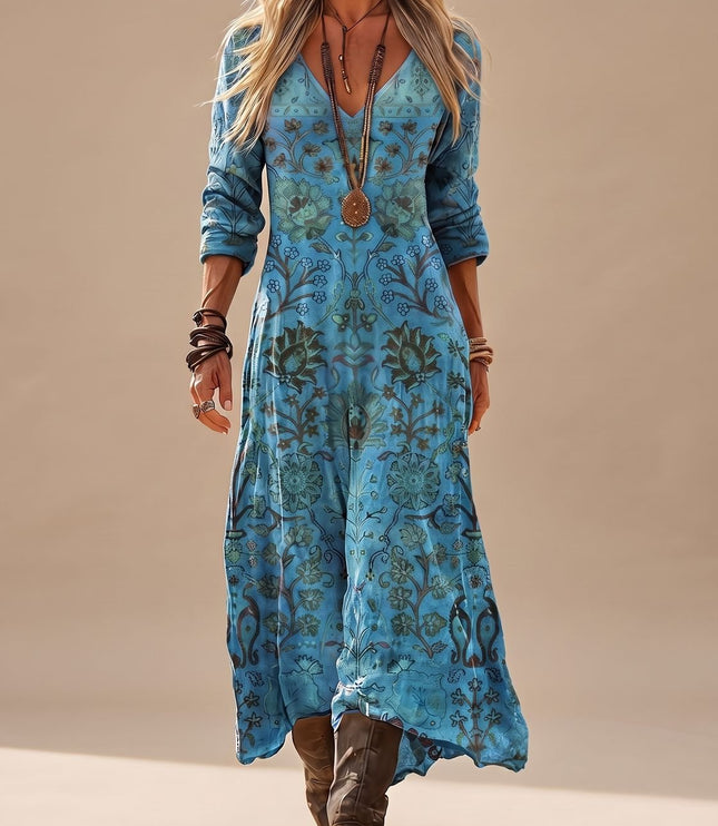 Women's Long Sleeve Boho Maxi Dress in Faded Blue Floral