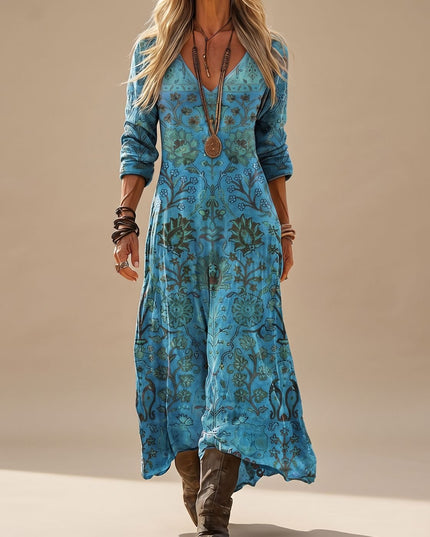 Women's Long Sleeve Boho Maxi Dress in Faded Blue Floral