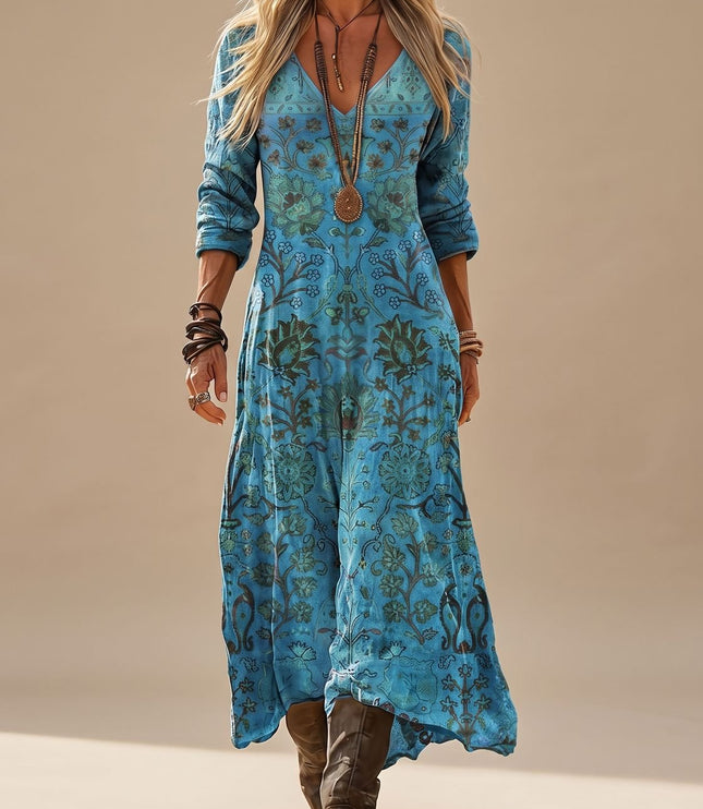 Women's Long Sleeve Boho Maxi Dress in Faded Blue Floral