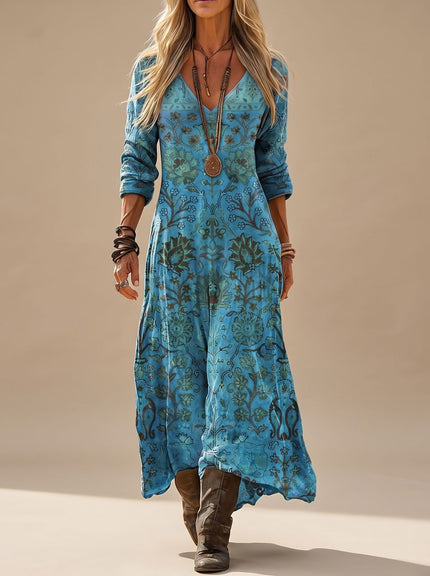 Women's Long Sleeve Boho Maxi Dress in Faded Blue Floral