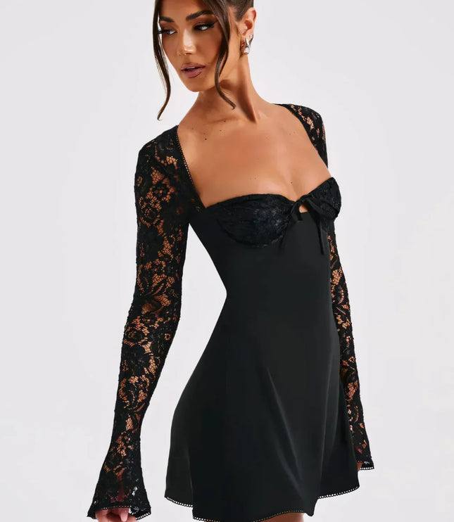 Women's Long Sleeve Lace Mini Dress for Wedding Guests