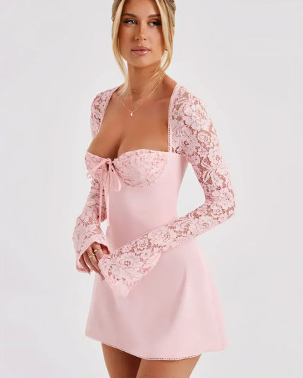 Women's Long Sleeve Lace Mini Dress for Wedding Guests