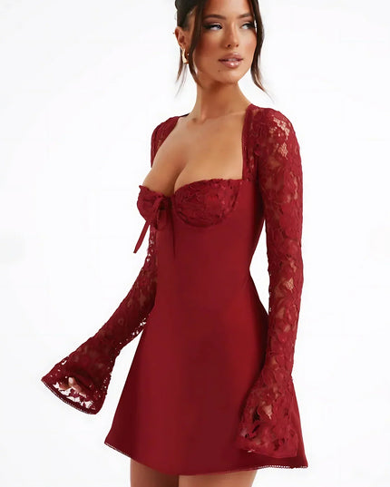 Women's Long Sleeve Lace Mini Dress for Wedding Guests