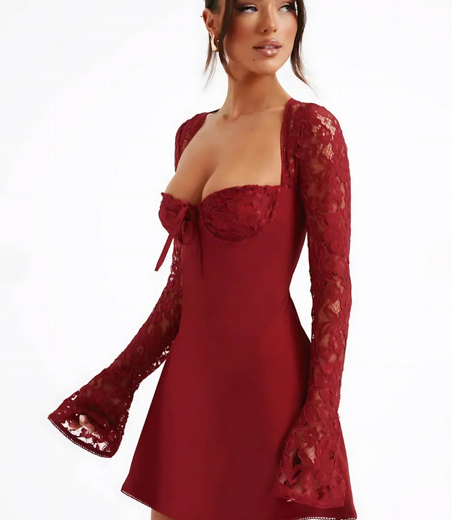 Women's Long Sleeve Lace Mini Dress for Wedding Guests