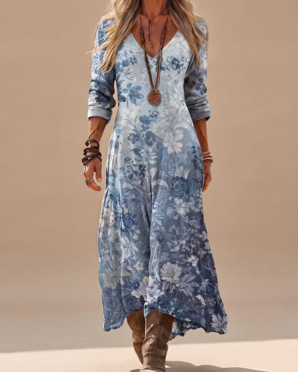 Women's Long Sleeve Maxi Dress in Blue Floral with V Neck