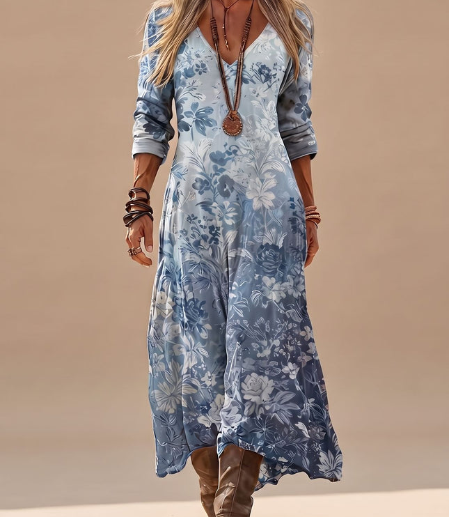 Women's Long Sleeve Maxi Dress in Blue Floral with V Neck