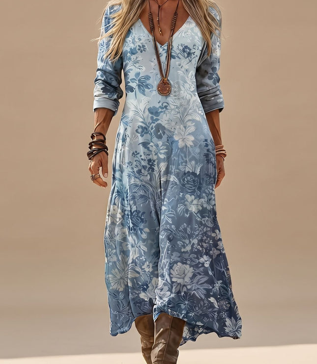 Women's Long Sleeve Maxi Dress in Blue Floral with V Neck
