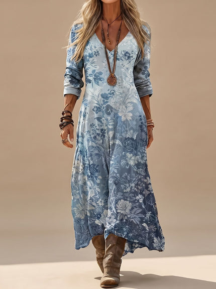Women's Long Sleeve Maxi Dress in Blue Floral with V Neck