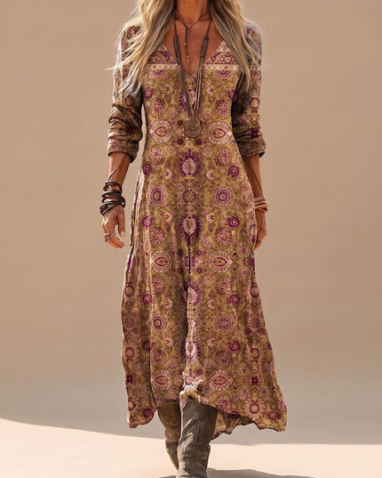 Women's Long Sleeve Maxi Dress with Deep V Neck, Boho Print