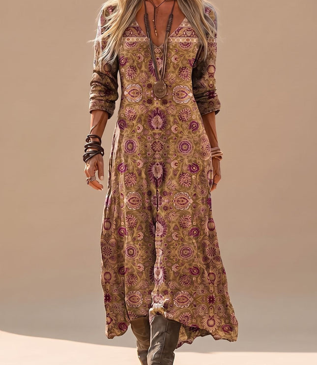 Women's Long Sleeve Maxi Dress with Deep V Neck, Boho Print