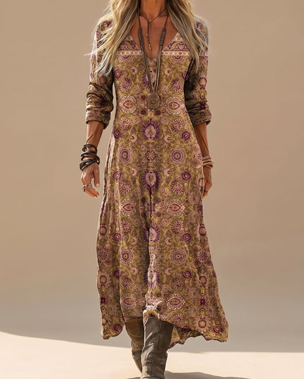 Women's Long Sleeve Maxi Dress with Deep V Neck, Boho Print