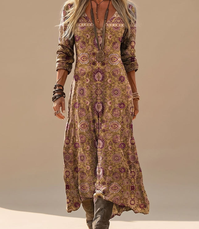 Women's Long Sleeve Maxi Dress with Deep V Neck, Boho Print