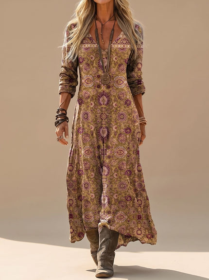 Women's Long Sleeve Maxi Dress with Deep V Neck, Boho Print