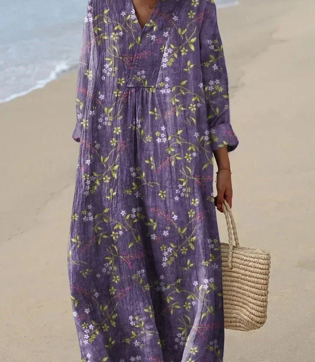 Women's Long Sleeve Midi Dress in Floral with a V Neckline