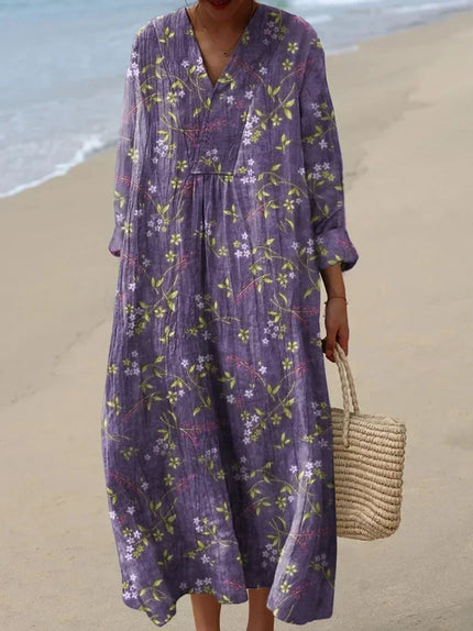 Women's Long Sleeve Midi Dress in Floral with a V Neckline