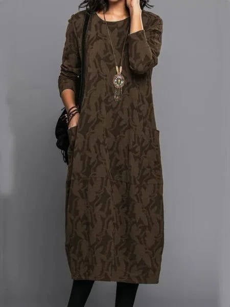 Women's Long Sleeve Pocket Dress with Round Neckline
