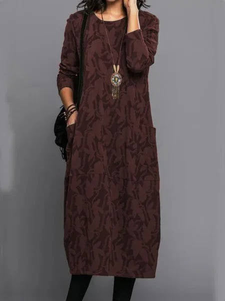 Women's Long Sleeve Pocket Dress with Round Neckline