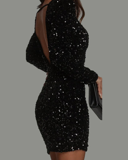 Women's Long Sleeve Sequin Mini Dress with Open Back