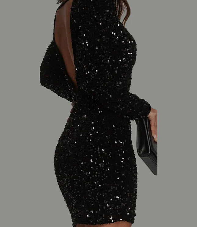 Women's Long Sleeve Sequin Mini Dress with Open Back