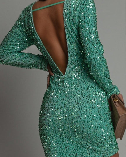 Women's Long Sleeve Sequin Mini Dress with Open Back