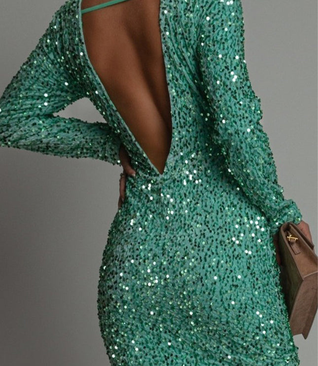 Women's Long Sleeve Sequin Mini Dress with Open Back