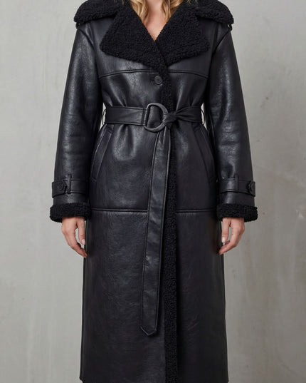 Women's Longline Aviator Coat with Faux Shearling Trim