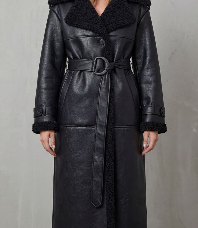 Women's Longline Aviator Coat with Faux Shearling Trim