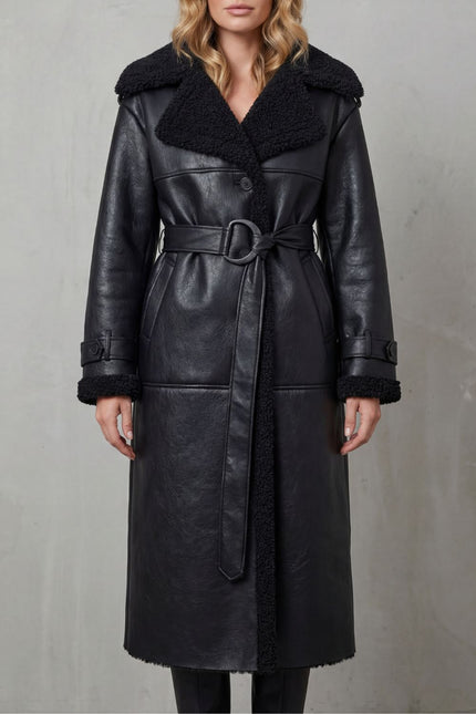 Women's Longline Aviator Coat with Faux Shearling Trim