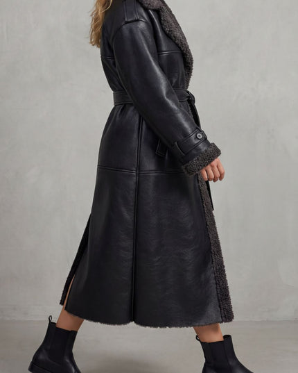 Women's Longline Aviator Coat with Faux Shearling Trim