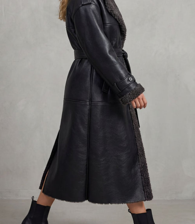 Women's Longline Aviator Coat with Faux Shearling Trim