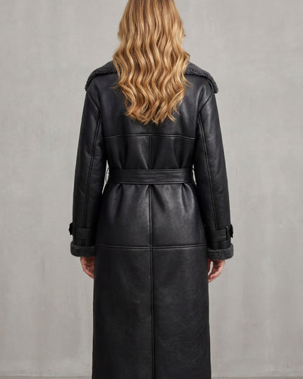 Women's Longline Aviator Coat with Faux Shearling Trim