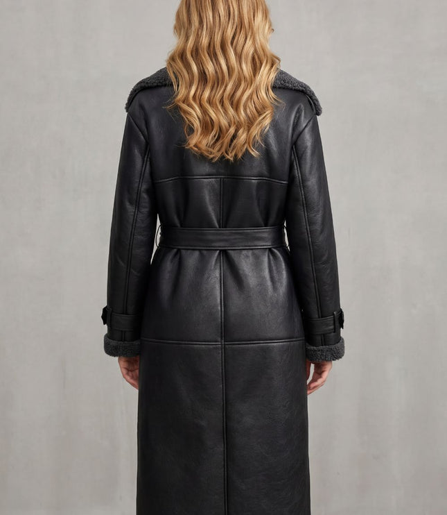 Women's Longline Aviator Coat with Faux Shearling Trim