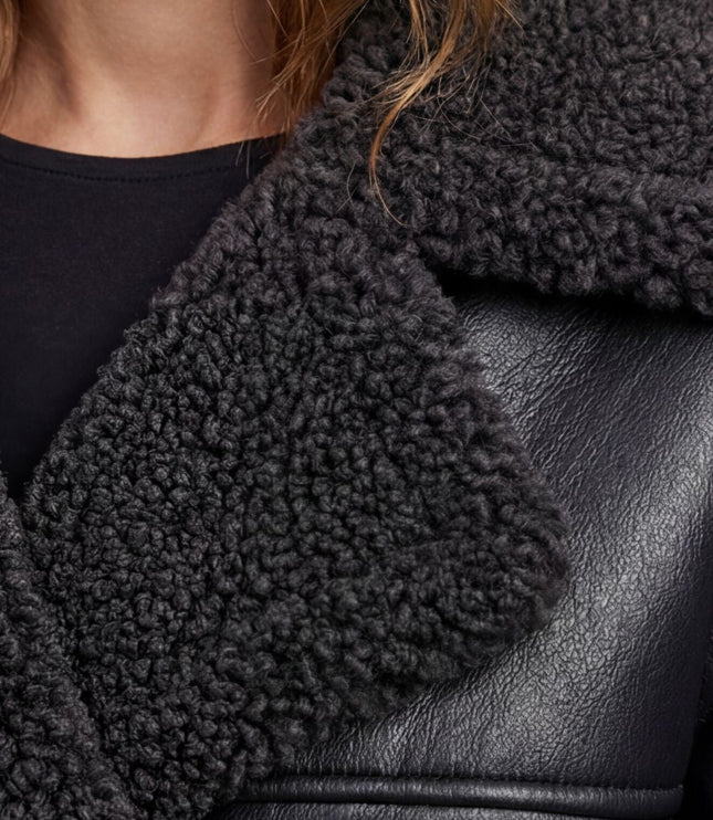 Women's Longline Aviator Coat with Faux Shearling Trim