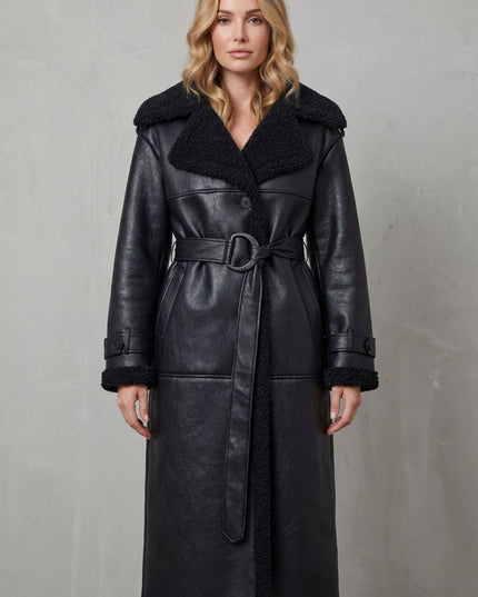 Women's Longline Aviator Coat with Faux Shearling Trim