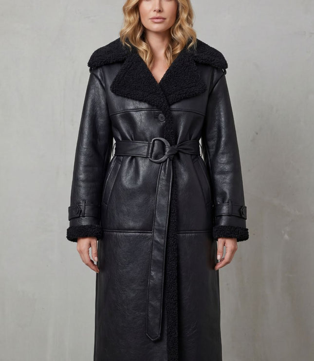 Women's Longline Aviator Coat with Faux Shearling Trim