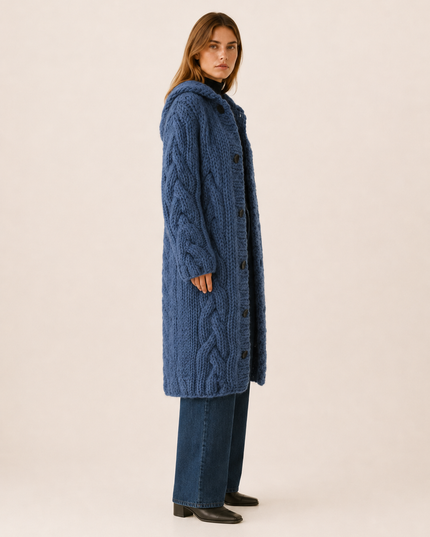 Women's Longline Cardigan Coat in Cable Knit with a Hood