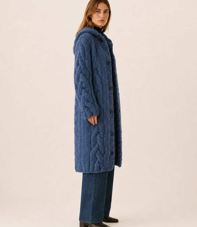 Women's Longline Cardigan Coat in Cable Knit with a Hood