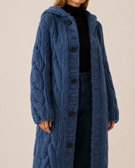 Women's Longline Cardigan Coat in Cable Knit with a Hood