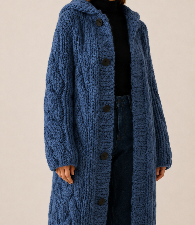Women's Longline Cardigan Coat in Cable Knit with a Hood