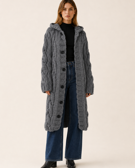 Women's Longline Cardigan Coat in Cable Knit with a Hood