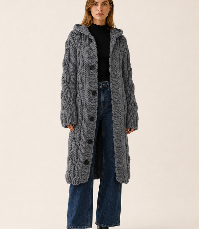 Women's Longline Cardigan Coat in Cable Knit with a Hood