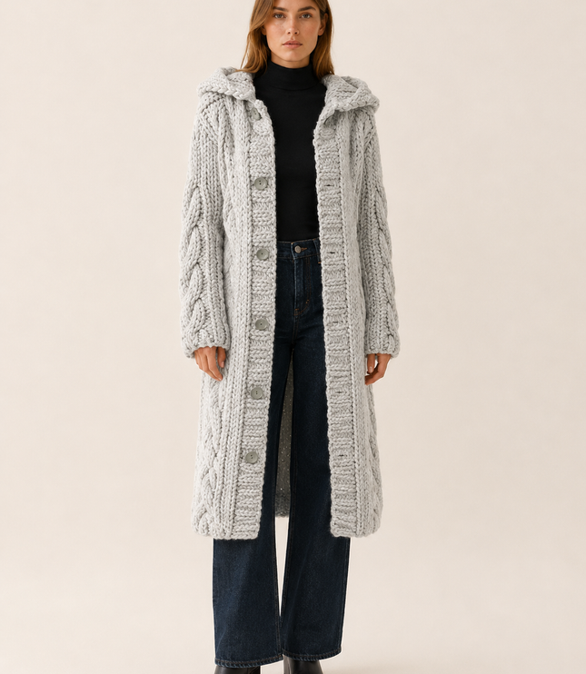 Women's Longline Cardigan Coat in Cable Knit with a Hood