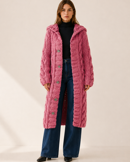 Women's Longline Cardigan Coat in Cable Knit with a Hood