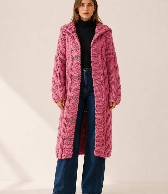 Women's Longline Cardigan Coat in Cable Knit with a Hood