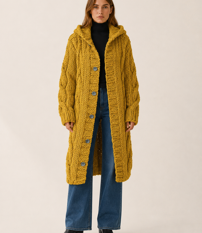 Women's Longline Cardigan Coat in Cable Knit with a Hood